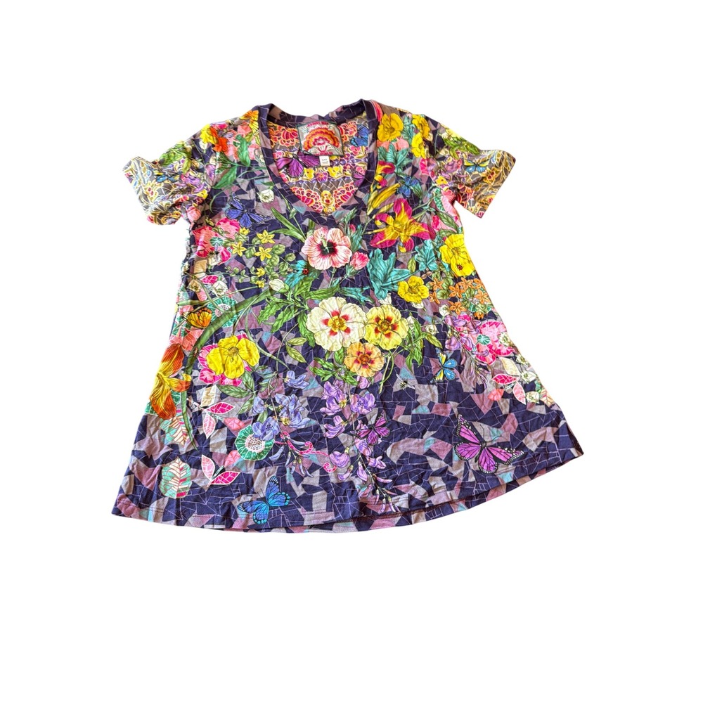 Johnny Was Top Purple Floral Butterfly Mosaic V-Neck Bamboo T13922-2 XXS